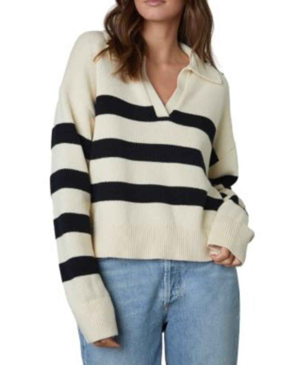 Velvet by Graham and Spencer Lucie Striped Polo Sweater Cream Blue XS